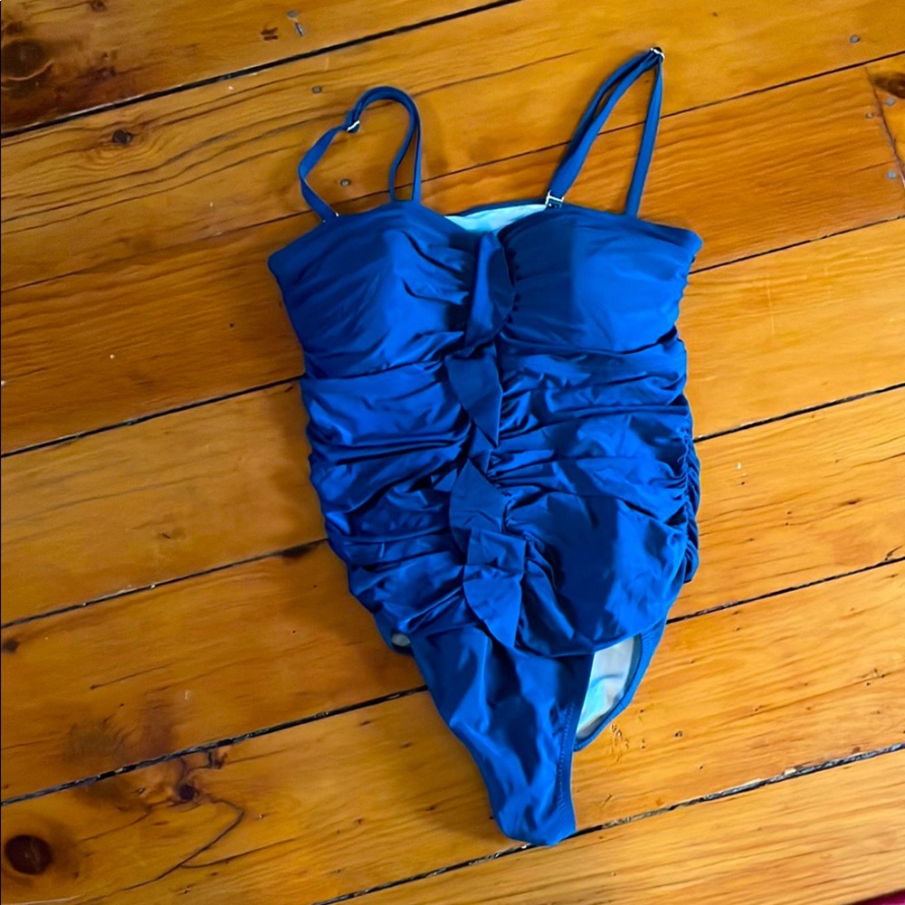 Lands End teal ruched bathing suit